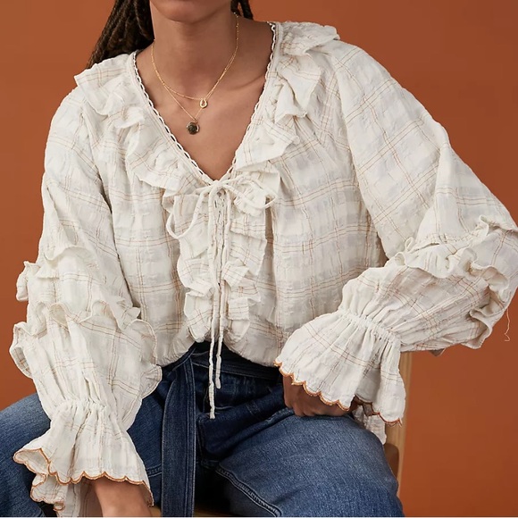 🍃💕NWT Anthropologie Chrissy Ruffled Prairie Check Peasant Blouse Size M - Picture 7 of 15